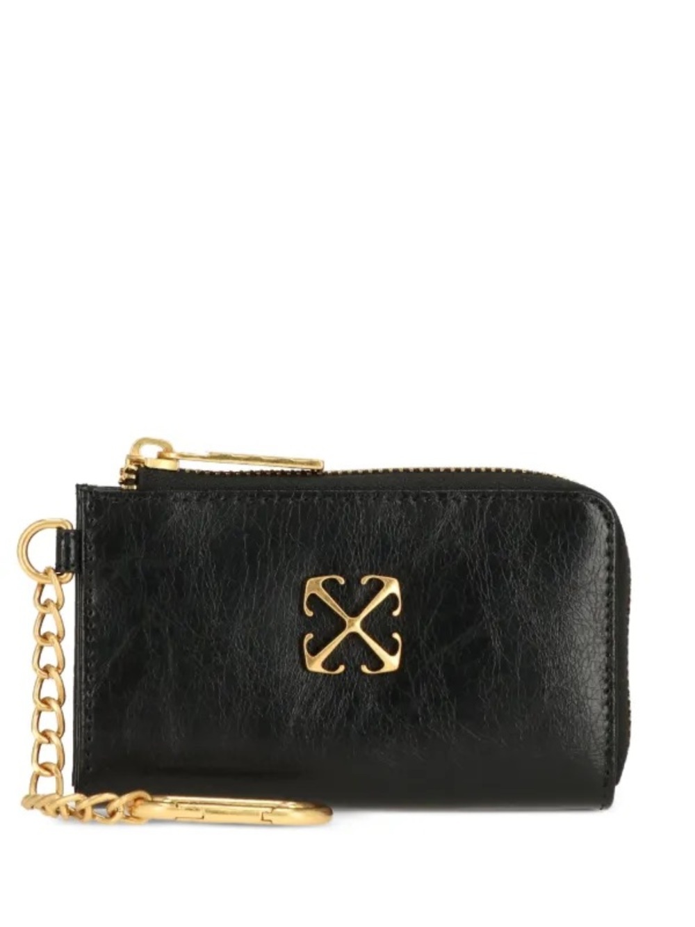 New Off-White Black Keychain Wallet, Leather Zip Card Pouch with Gold Zipper
